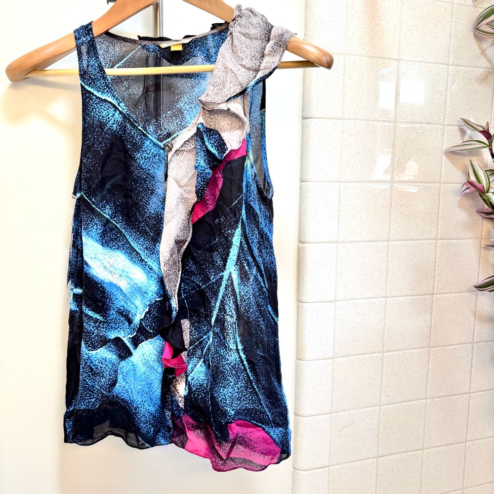 Anthropologie leifsdottir Silk Tank Size 4 Blue Ruffle Abstract Artsy French - Picture 2 of 11